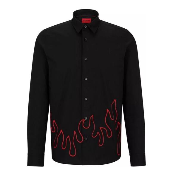NEW HUGO BOSS MEN'S LONG SLEEVE STRETCH BUTTON DOWN FIRE FLAME SHIRT SIZE L - Picture 1 of 5